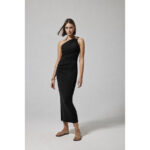 Vestido de fiesta asimétrico, drapeado de estilo lápiz ajustado de largo midi en color negro