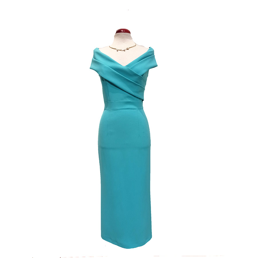 Vestido-lapiz-de-fiesta-ajustado-escote-Bardot-color-turquesa Vestido lápiz de fiesta, entallado color turquesa