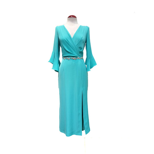Vestido lápiz de fiesta, largo midi, escote cruzado color turquesa