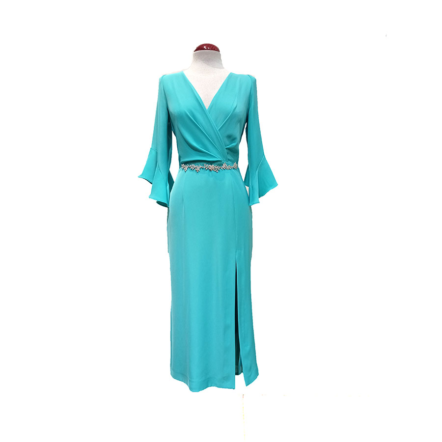 Vestido-lapiz-de-fiesta-largo-midi-escote-cruzado-color-turquesa Vestido lápiz de fiesta, largo midi, escote cruzado color turquesa