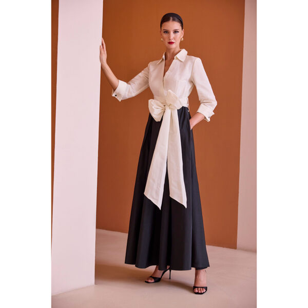 Vestido de fiesta de estilo lady, camisero con vuelo de largo midi en color blanco y negro