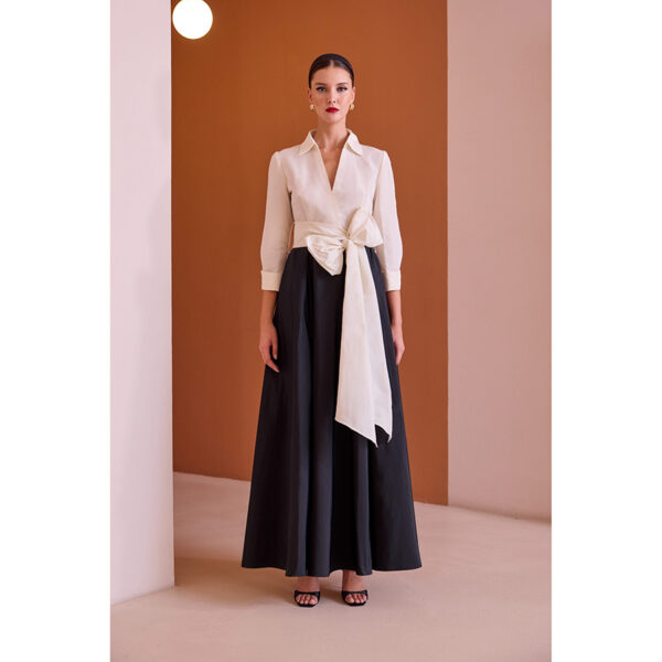 Vestido de fiesta camisero de estilo lady que ciñe a la cintura con cinturón en color blanco y negro