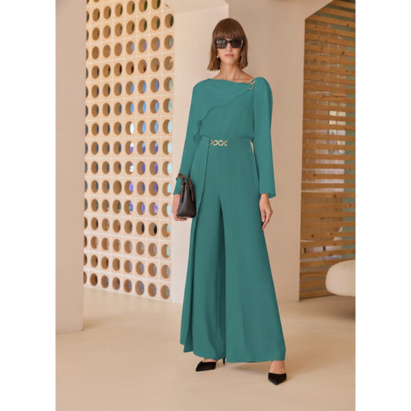 Conjunto de pantalón mas blusa de manga francesa en color turquesa sciliano