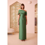 Vestido largo de fiesta de cuello envolvente y falda recta en color verde