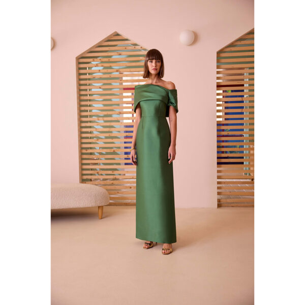 Vestido largo de fiesta de cuello envolvente de color verde