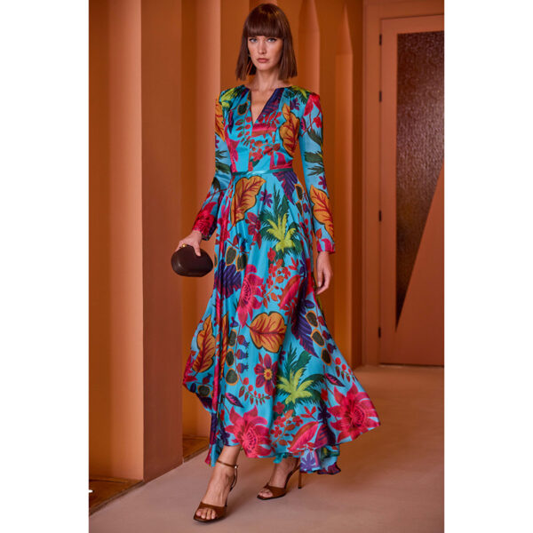 Vestido de fiesta de largo midi con vuelo, estampado en color turquesa