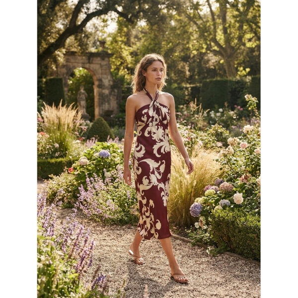 Vestido de estilo lápiz de escote diosa griega, estampado en flores blancas sobre fondo burdeos