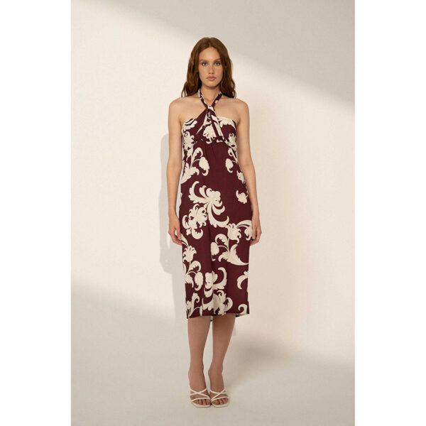 Vestido de estilo lápiz de largo midi, con escote inspirado en las deidades griegas, en color burdeos