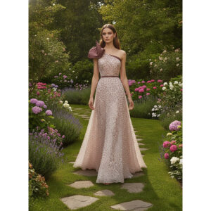 Vestido largo de fiesta de escote asimétrico, confeccionado en gasa rosa empolvada estampada de topitos color chocolate