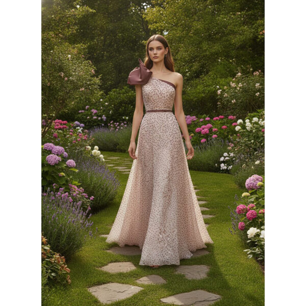 Vestido largo de fiesta de escote asimétrico, confeccionado en gasa rosa empolvada estampada de topitos color chocolate